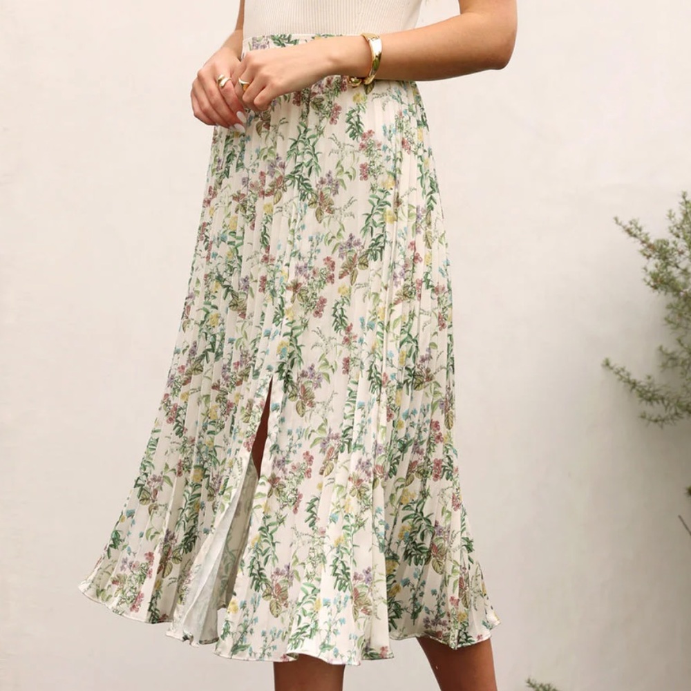 Women's Floral Pleated Midi Skirt - Cream